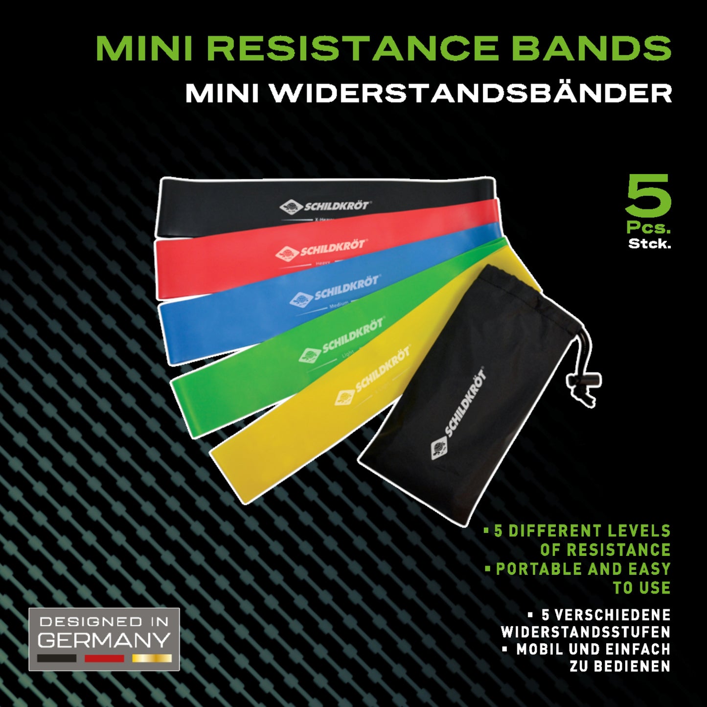 Donic-Schildkröt Resistance Bands, 5er Set mit verschiedenen Härtegraden, inkl. Tragetasche